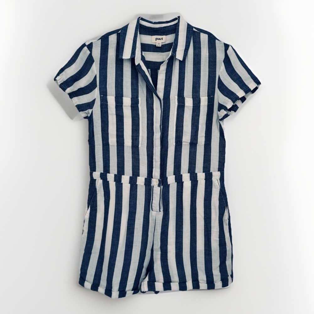 PACT Romper Womens M Blue/White Organic Cotton/Hemp Breathable Coastal Nautica